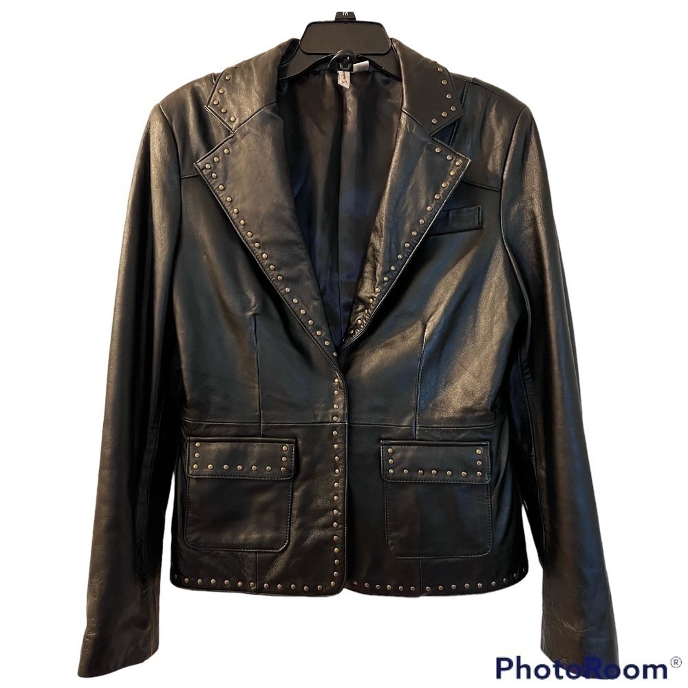 WOMEN’S Black Lambs Leather Studded Blazer Jacket Size Med